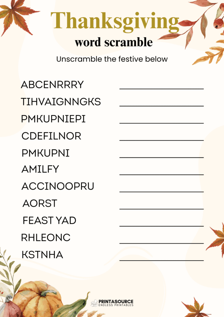 Thanksgiving word scrambles