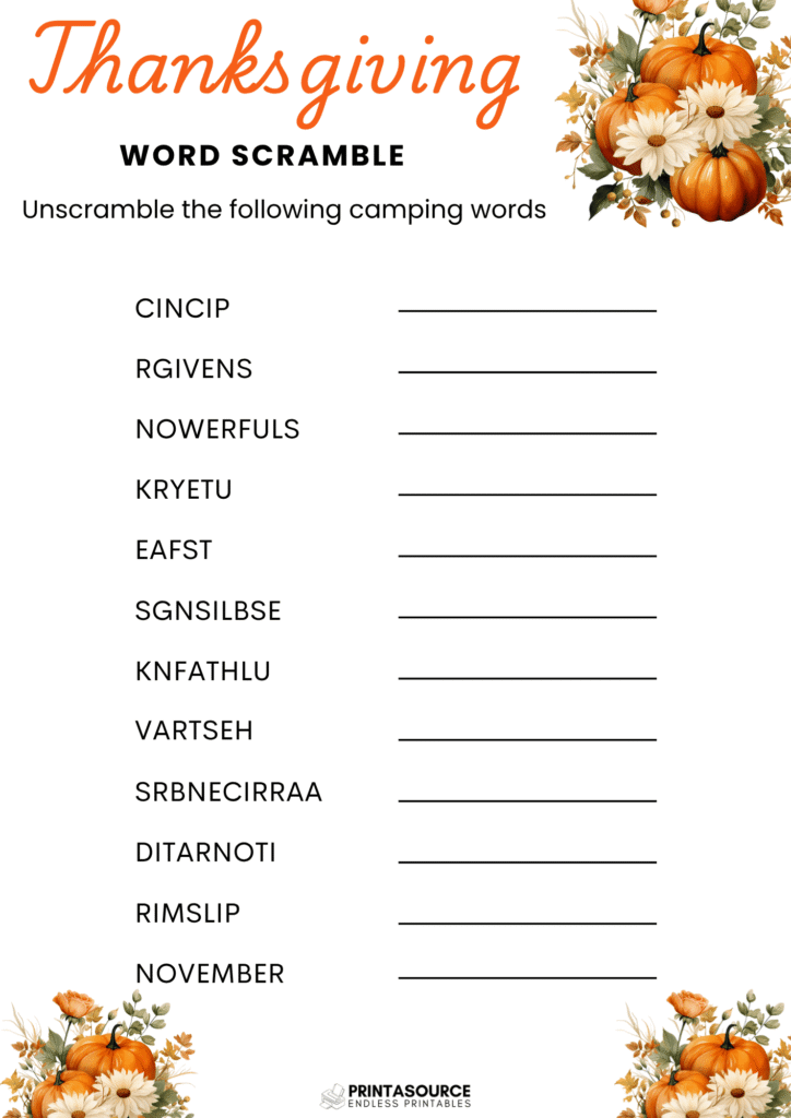 10 Thanksgiving word scrambles