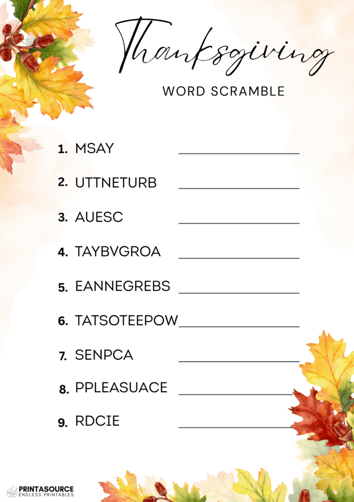 11 Thanksgiving word scrambles