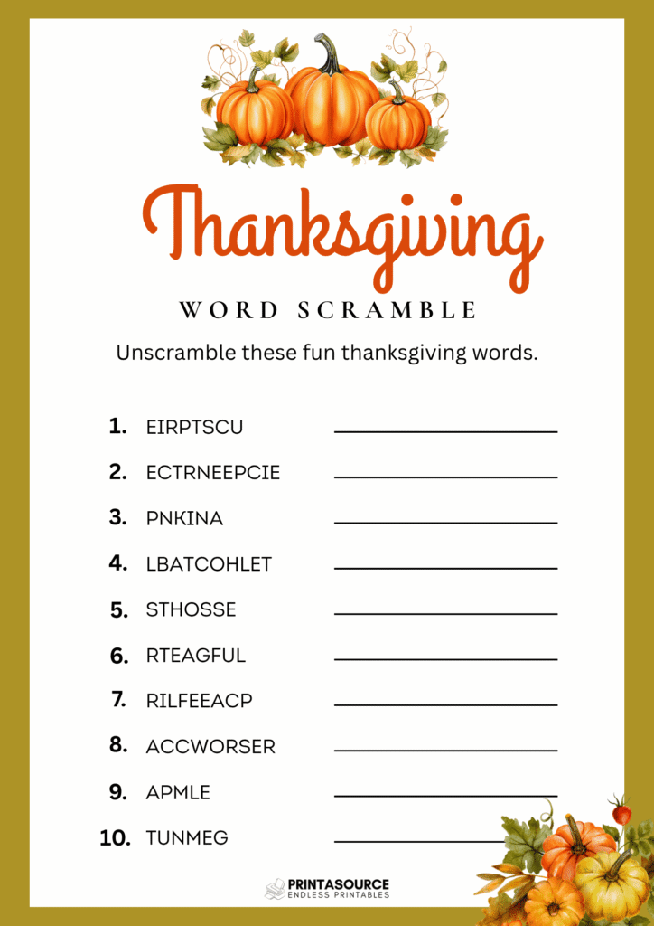 12 Thanksgiving word scrambles