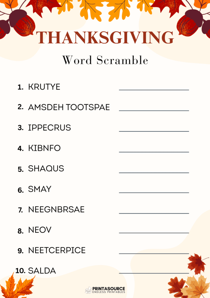 14 Thanksgiving word scrambles
