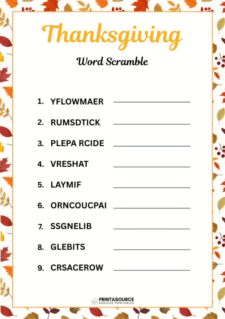 15 Thanksgiving word scrambles