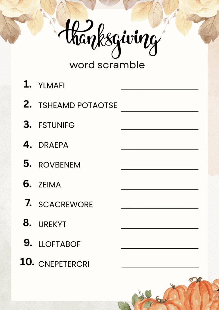 3 Thanksgiving word scrambles