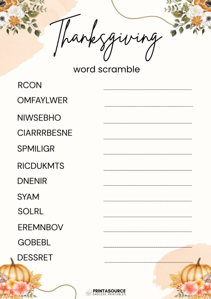4 Thanksgiving word scrambles