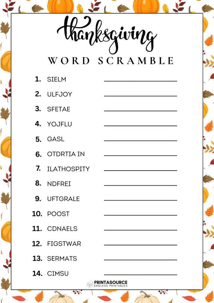 7 Thanksgiving word scrambles