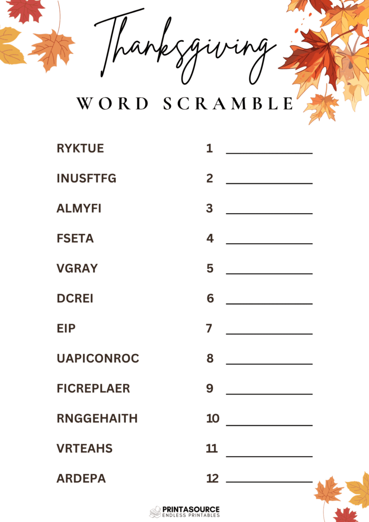 9 Thanksgiving word scrambles